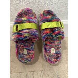 Ugg Multi Colored FURRY Slipper Slide Slip On Shoe Logo Womens Size 8 Used